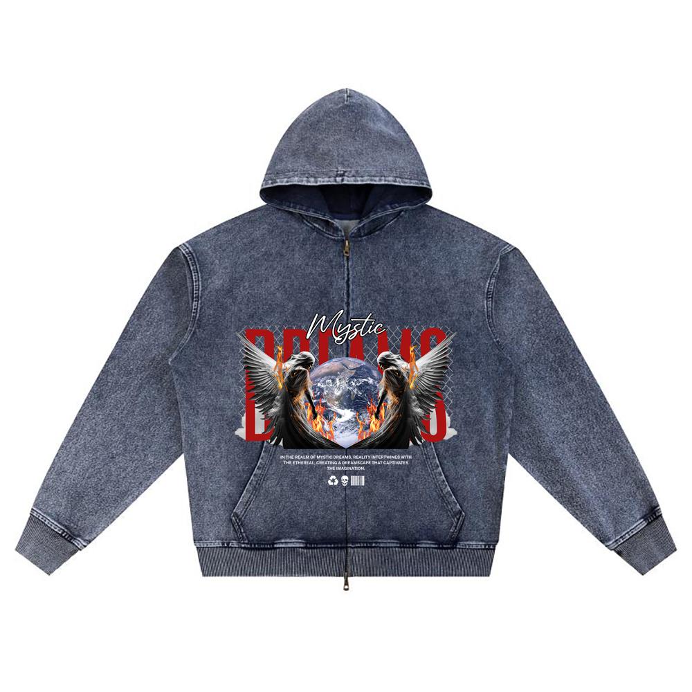 DTG print Knitted Denim Zip-Up Hoodie Angel Streetwear Brother Print Zipper Hoodies