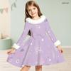 Girls Long Sleeve Printed Dress White Furry Collar And Cuffs Black Blue A Line Flared Hem