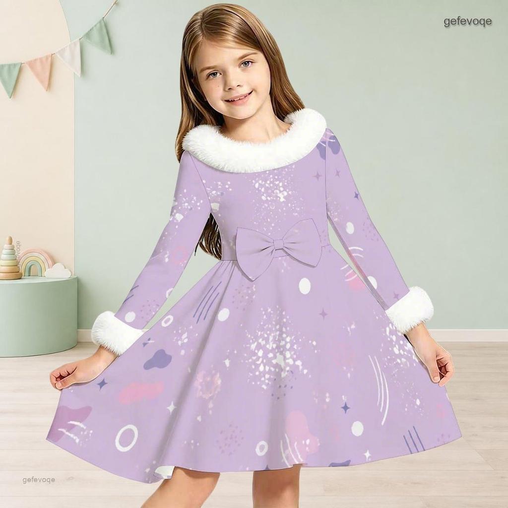 Girls Long Sleeve Printed Dress White Furry Collar And Cuffs Black Blue A Line Flared Hem