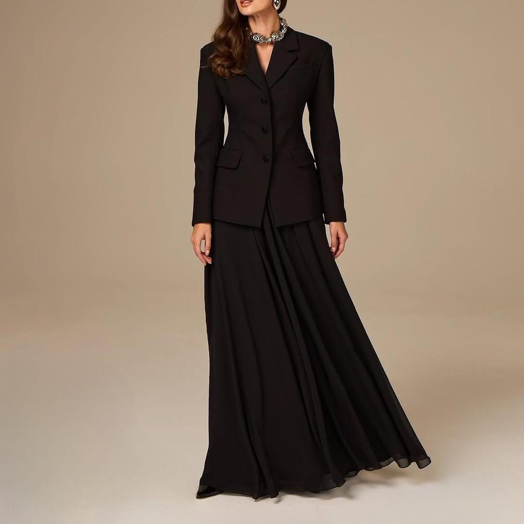 2025 Autumn/Winter Versatile Suit Jacket & Double-Layer Gauze Midi Skirt Set
