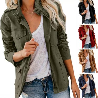 Damen Dünne Baumwolljacke Reißverschluss Druckknöpfe Stehkragen Utility-Mantel Herbst Lässig Langärmlige Oberbekleidung mit Taschen