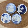 Fukubeya Mino Ware Malý talíř Nekogura 10 cm Vzor kočky Tora Sada 4 modrých kulatých talířů Přijímač malých kořenících sladkostí - Hachiware, Mike, Shima, -