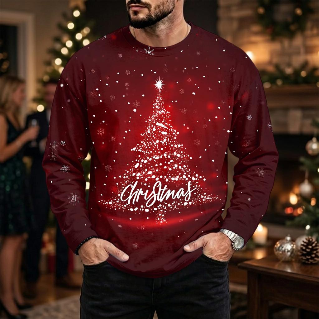 Men's Casual Loose Fit Neck Long Sleeve Top with Christmas Print, Winter Base Layer