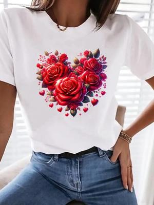 (Asian Size) Woman Top Fashion Women Flower Love Trend Clothing Short Sleeve T Shirt Female Graphic T-shirts Print Tee