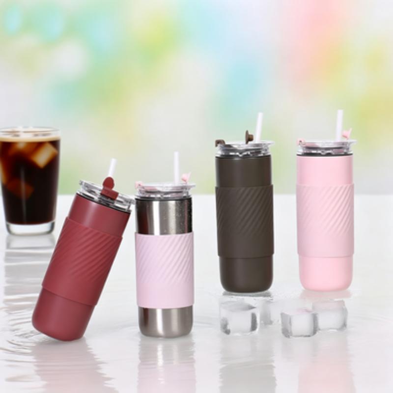 500ml Stainless Steel Insulated Tumbler with Silicone Grip Straw LeakProof Travel Coffee Mug Dual Drinking Mode