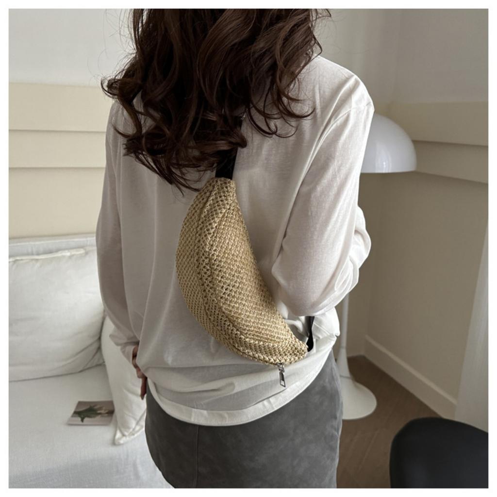 Women'S Stylish Woven Chest Bag - Light Brown, Crossbody Sling Phone Pouch with Zipper Closure, Versatile Waist Pack for Beach, Beach Bag