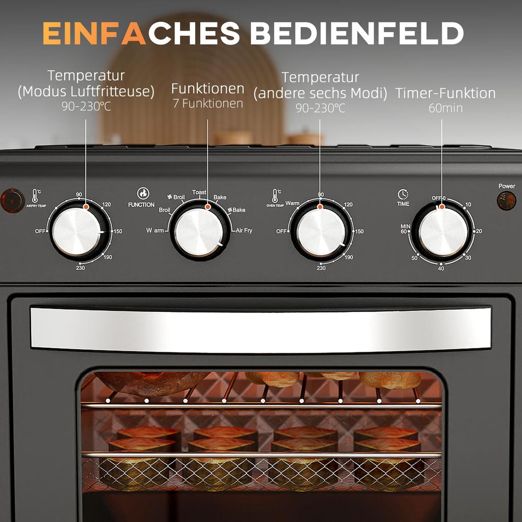 Mini Oven, Air Fryer, 90-230 degrees C, 7 Programs, Accessories, Black