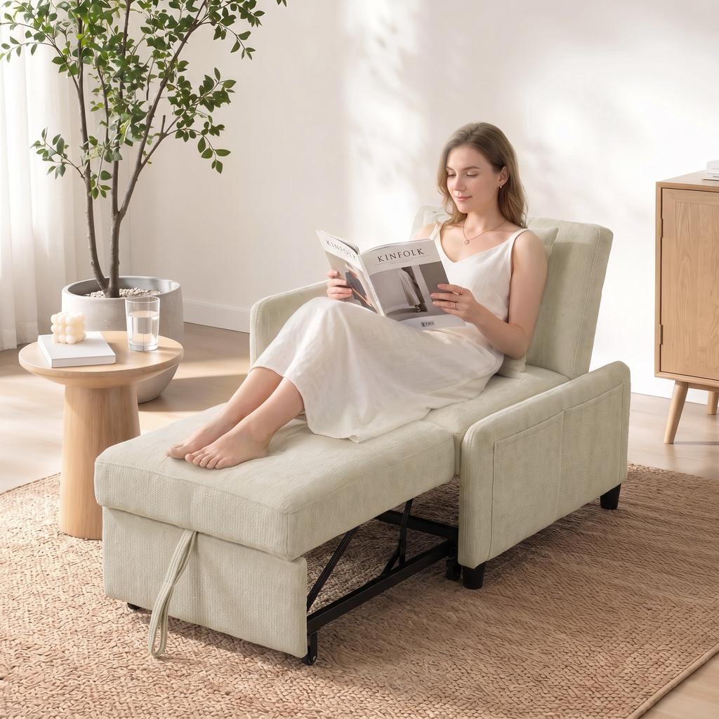 Convertible Armchair, 1-Seat, 4-in-1 Click-Clack, Chenille, Adjustable Backrest, Wide Seat, Beige