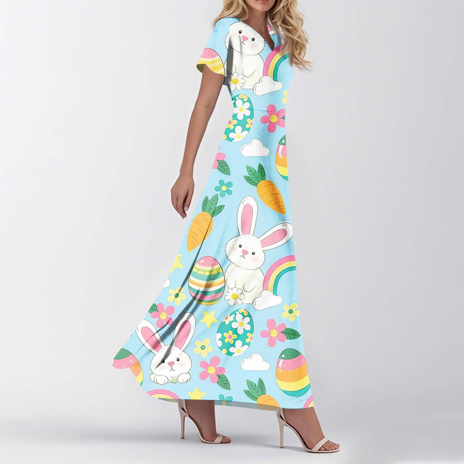 

Women s Loose Casual V-Neck Short Sleeved High Waisted Floral Print Dress Floral Print Dress XS небо синє кольору