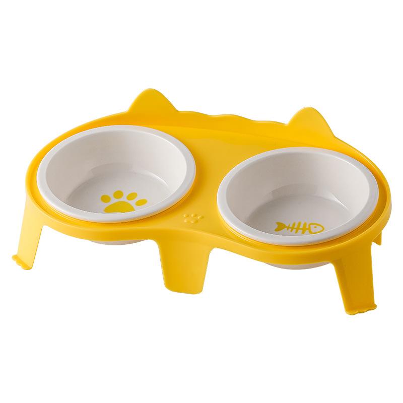 Ceramic Cat Food & Water Bowl with Slanted Design - Protects Cervical Spine, Anti-Tipping, Double Bowl for Feeding & Drinking