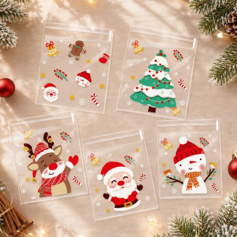 100 Stück Weihnachts-Geschenktüten Cartoon-Weihnachtsmann Xmas-Baum-Designs Transparente Selbstklebende Kekstüten Für Weihnachtsdekorationen