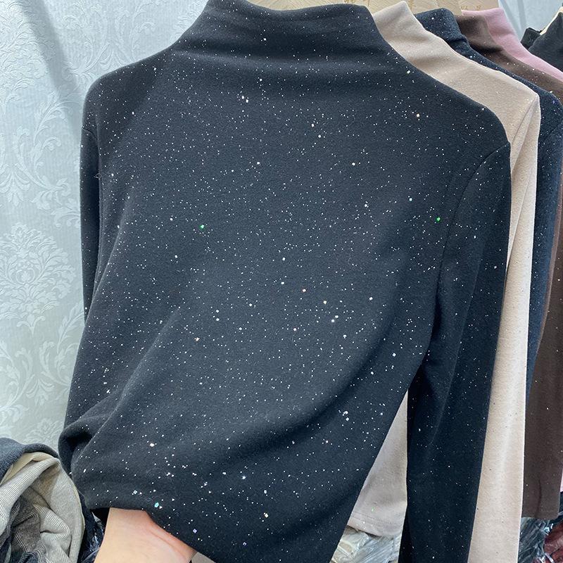 Zimní Dámská Móda Top Třpytky Dámské Nové Tlusté tričko se zapínáním na polovysoký výstřih, dlouhý rukáv Basic All Match Trička