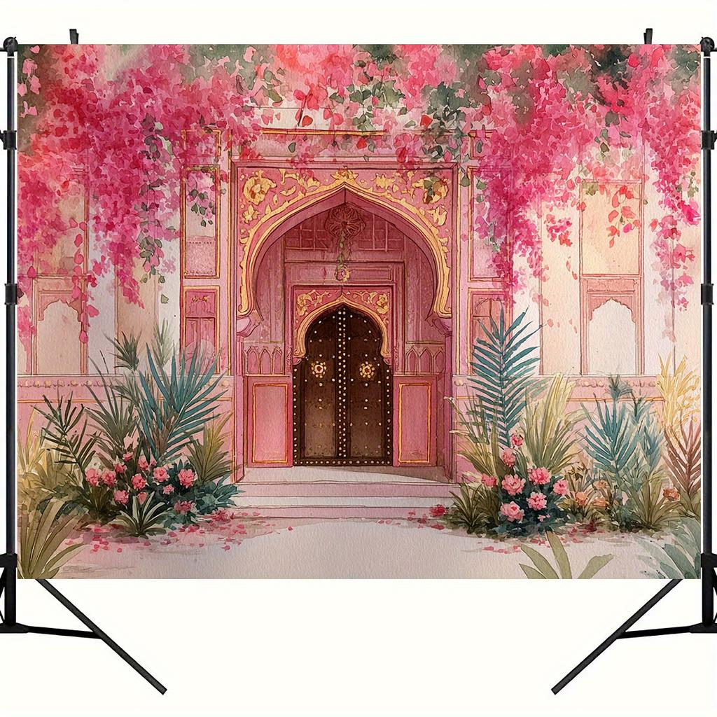2D Plane, Floral Garden Entrance Theme Background Cloth, Pink Bougainville Waterfall with Ornate Arch, Polyester