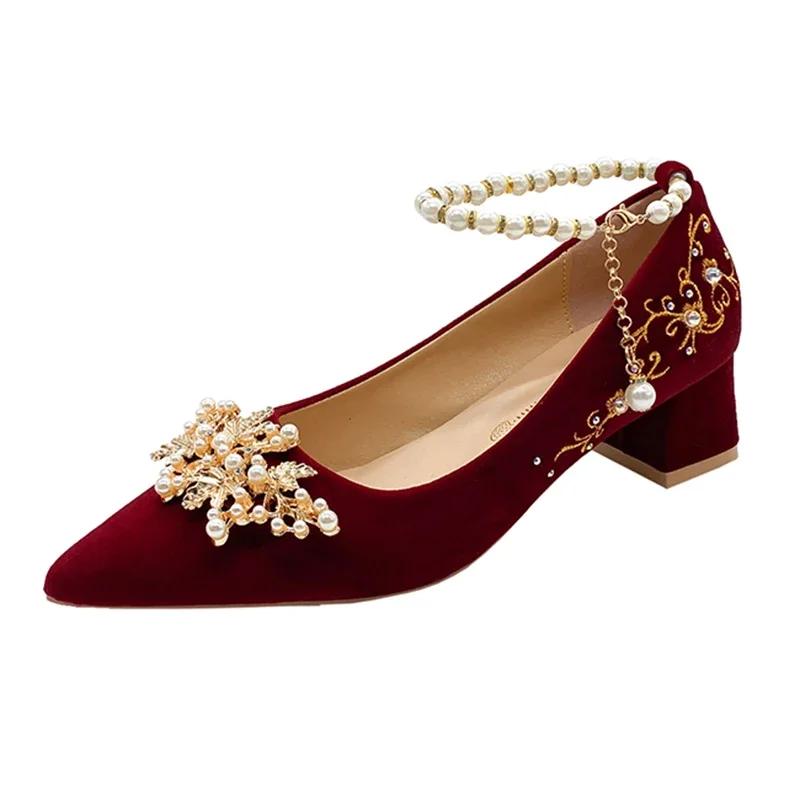 Fashion 2025 New Gold Embroidered Flowers Thick High Heels Women's Big String Bead Decor Wedding Pumps Woman Suede Point Toe Party Shoes