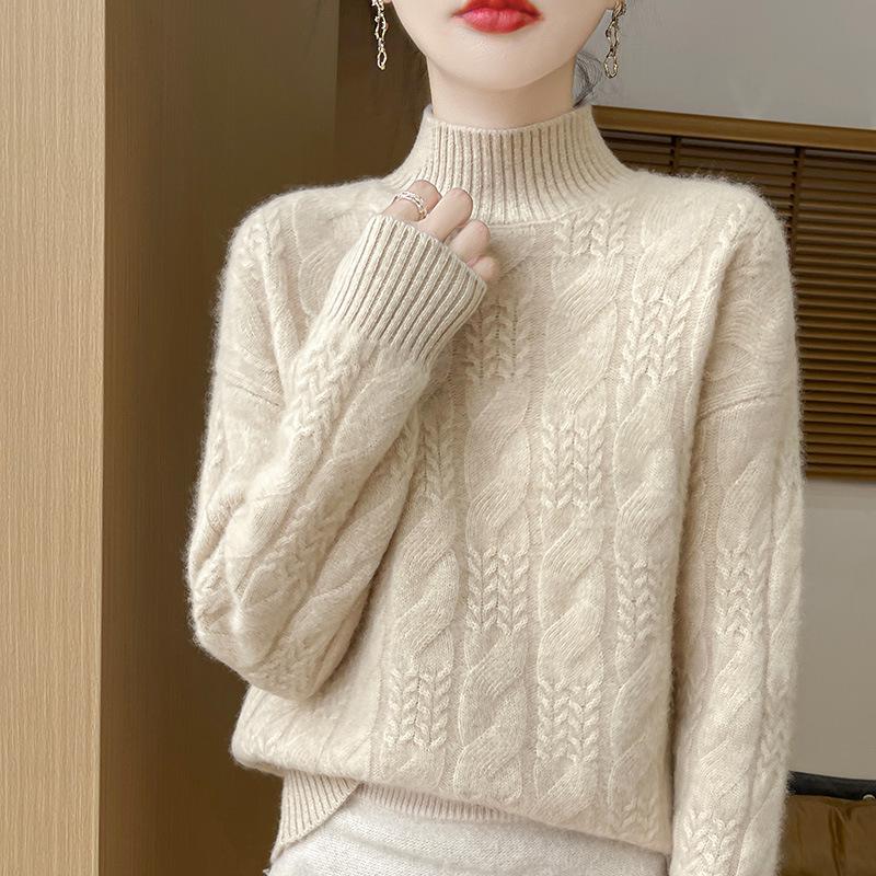 Women's 100% Pure Wool Half-High Collar Sweater - Soft, Comfortable, Versatile Base Layer for Autumn and Winter