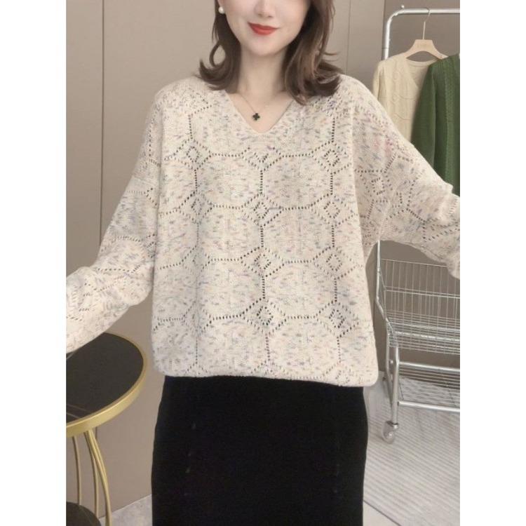 Women s Hollow V-neck Long Sleeve Knitted TopSpring Women s Fashionable and Versatile Style Small Shirt 4XL абрикосовый