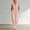 Women V Neck Short Sleeve Jumpsuit Casual Loose Fit Elastic Waist Full Length Romper with Pockets Zipper Front Design