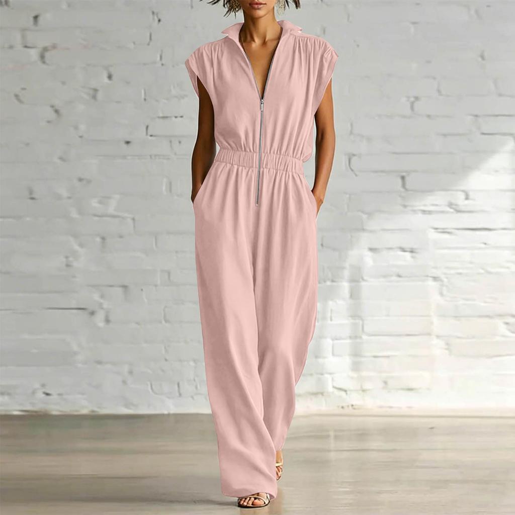Women V Neck Short Sleeve Jumpsuit Casual Loose Fit Elastic Waist Full Length Romper with Pockets Zipper Front Design