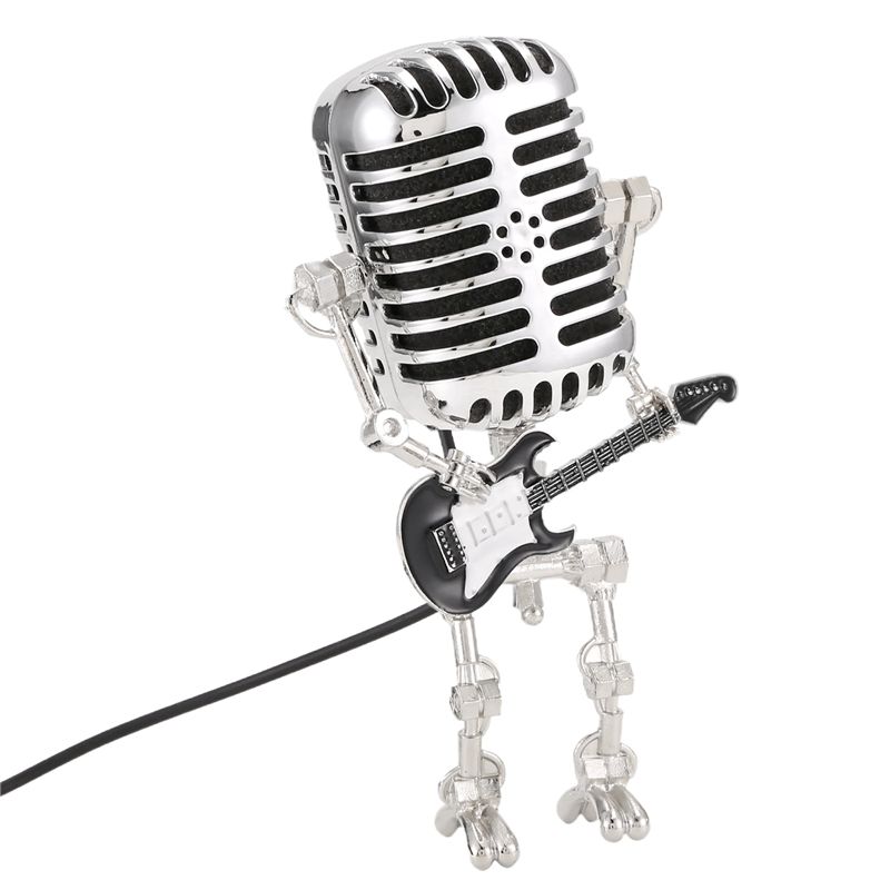 Premium-Mic Robot,Retro Style Microphone Robot Table Lamp,Holding Guitare Night Light,Vintage Microphone Robot Desk Lamp чёрный