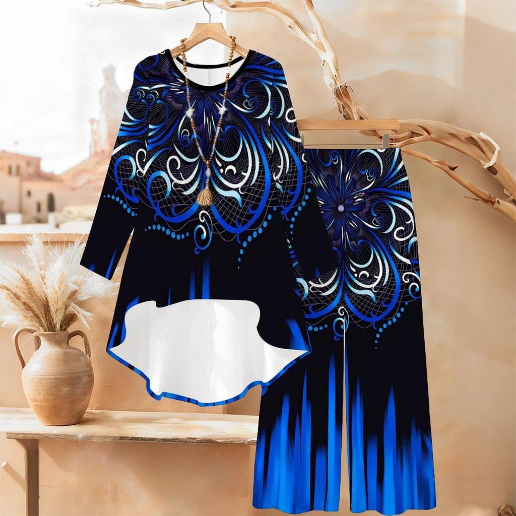 Floral Print Print Two Piece Outfit Women Long Sleeve Irregular Hem Tunic Top Wide Leg Pants Casual Matching Set