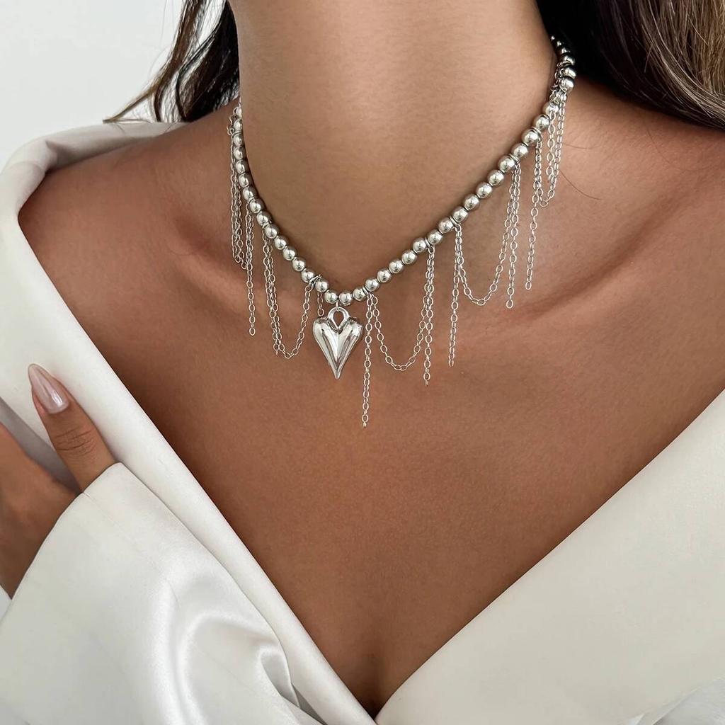 Salircon Fashion Love Heart Pendant Tassel Chain Necklace Women Simple Gold Color Clavicle Chain Sweet Trendy Party Jewelry