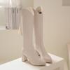 Fashion Tall Leather Boots Pointed Coarse Heel Women's Cigarette Boots Rear Zipper Martin Boots