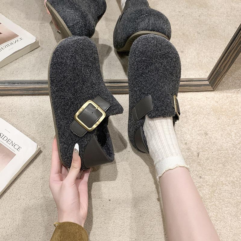Women's Gray Winter New Woolen Inner Height Increase Cm Versatile Two Wear of Wool Shoes Plush Warm Shoes