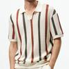 European and American Style Men's Thick Needle Hollow Knit Sweater Striped Contrast Color Woolen Casual Polo Shirt
