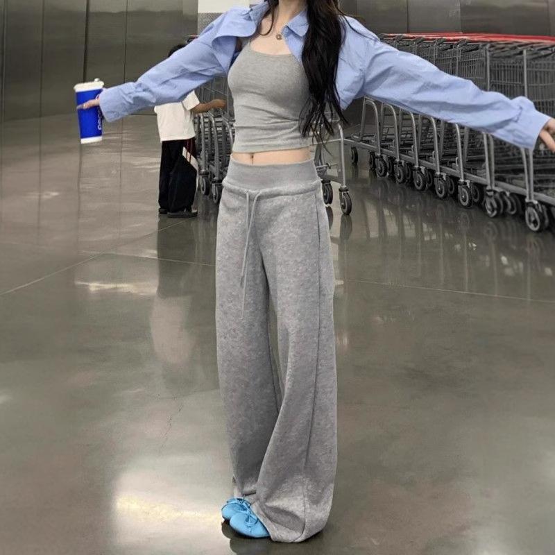 1116 Summer Drape Wide-leg Pants Women's Straight-leg Pants Spice Girls Low-rise Versatile Drawstring Floor-mopping Pants Casual Walking Pants Women