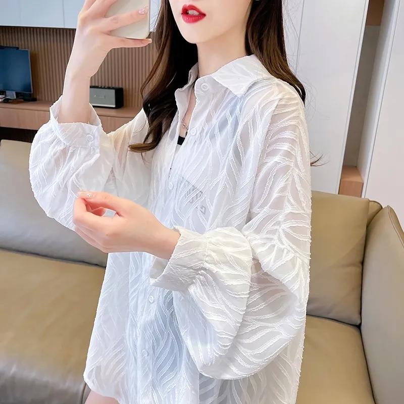 Summer Women Textured Sheer Button Down Shirt Long Sleeve Blouse