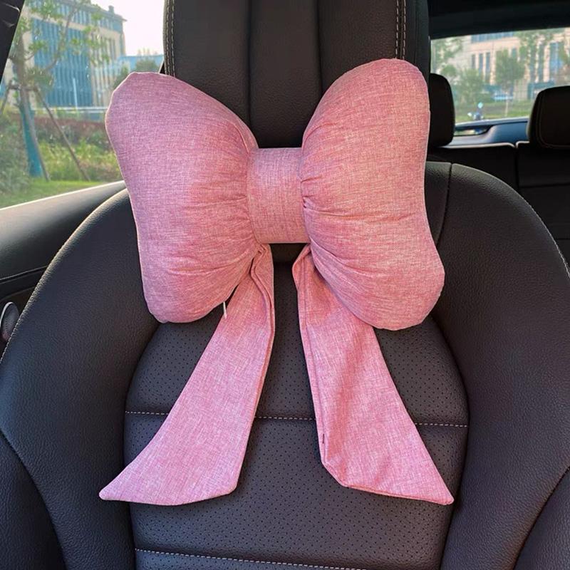 Ribbon Bow Linen Red Car Headrest Waist Neck Pillow New Car Seat Pillow Lumbar Support Women's Car Interior Accessories