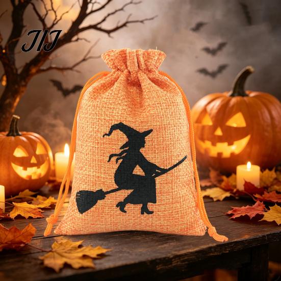 Cotton Linen Jewelry Bags Halloween Burlap Treat Bags, Pumpkin Ghost Bat Spider Witch Print Drawstring Gift Favors Candy Pouches for Cookies