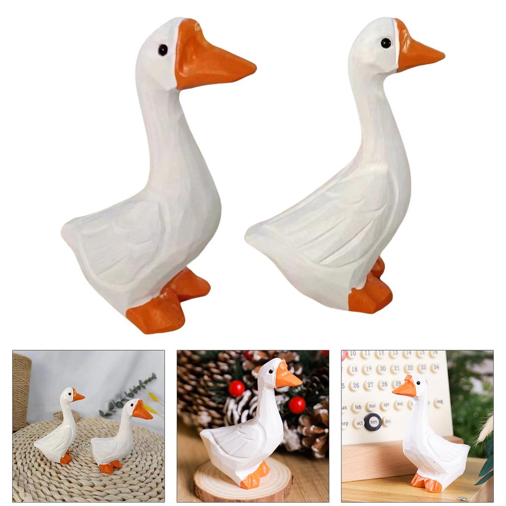 2PCS Wood Goose Sculpture Natural Miniature Animal Collectible Ornament for Home and Garden Decoration Wood Duck Art