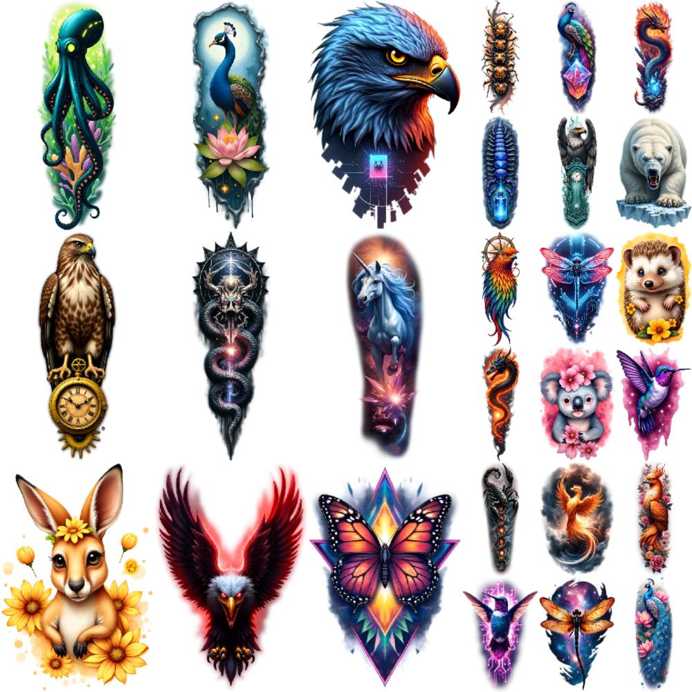 9pcs Temporary Tattoo Octopus Tattoo Colorful Realism Peacock Tattoo Eagle Tattoo Waterproof Long-lasting Body Stickers For