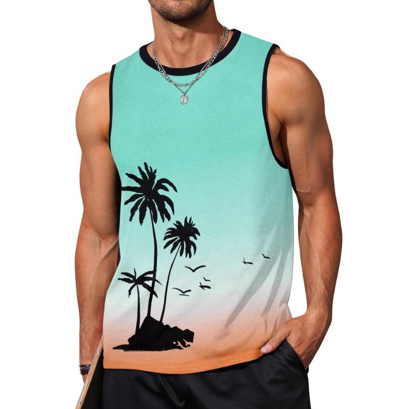Muscle Man 3D Digital Printed Pattern Tank Top Sleeveless Beach Hawaiian Coconut Tree Tank Top Clothes