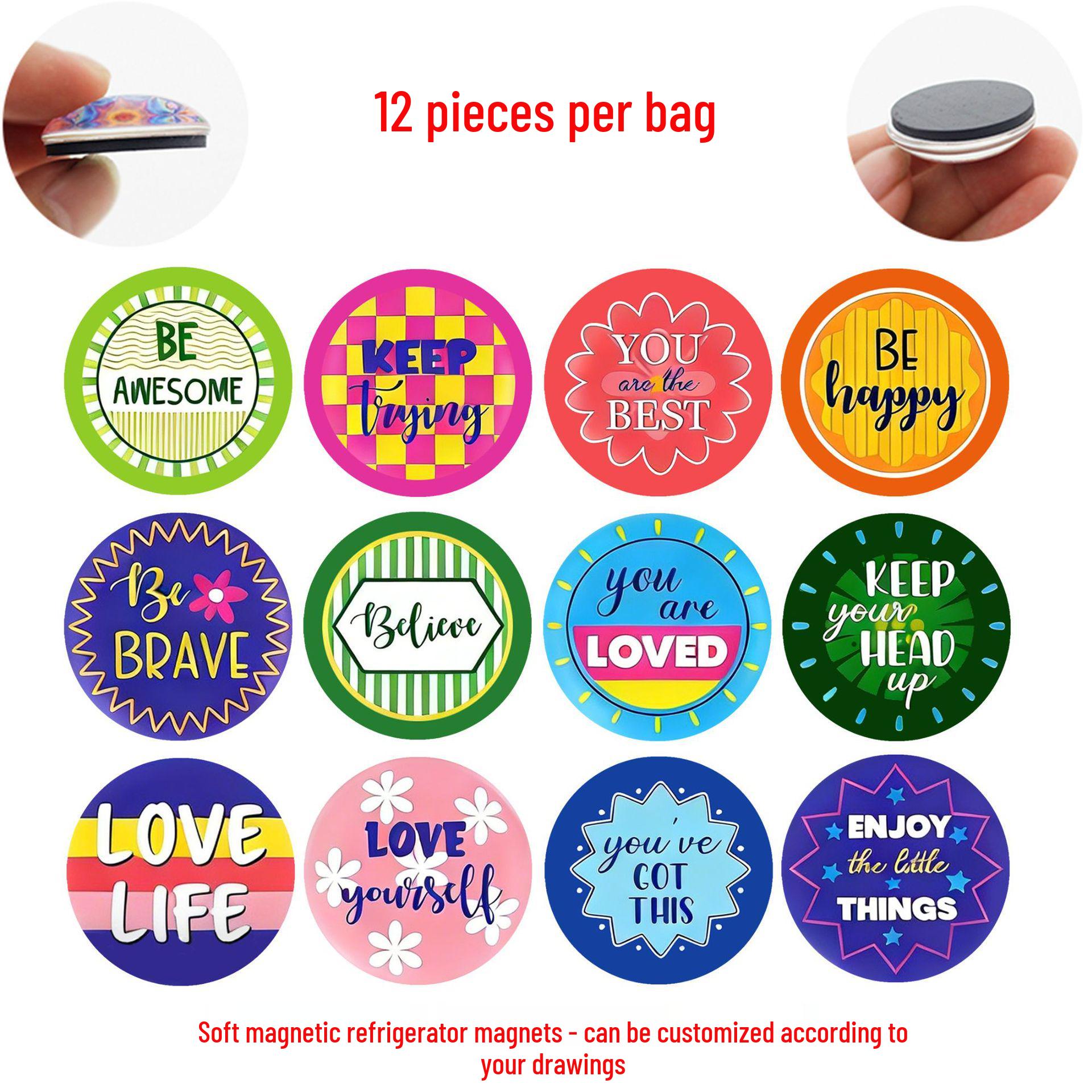 

Colorful Motivational Phrase Glass & Magnetic Refrigerator Home Décor Stickers 25 mm Fridge Magnet Set (12 Pieces)
