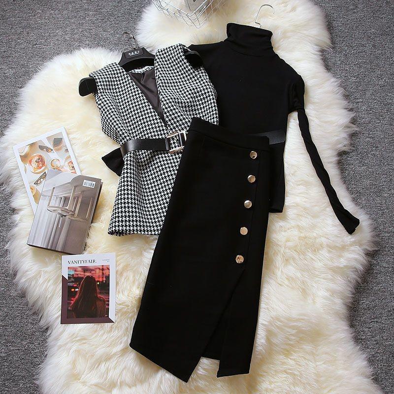High-end Design Outfit Stylish Skirt Set For Women With A , Slimming Base Layer Shirt Set In Three Pieces.