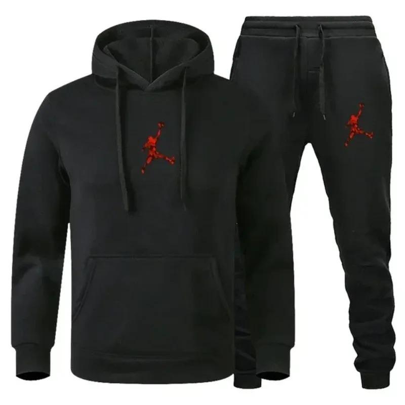 Splatter-hoop Men Hoodie & Jogger Set, Mottled Jumping Athlete Figure and Matching Pant Graphic Print, Cozy Fleece Outfit for Street Sport Outings