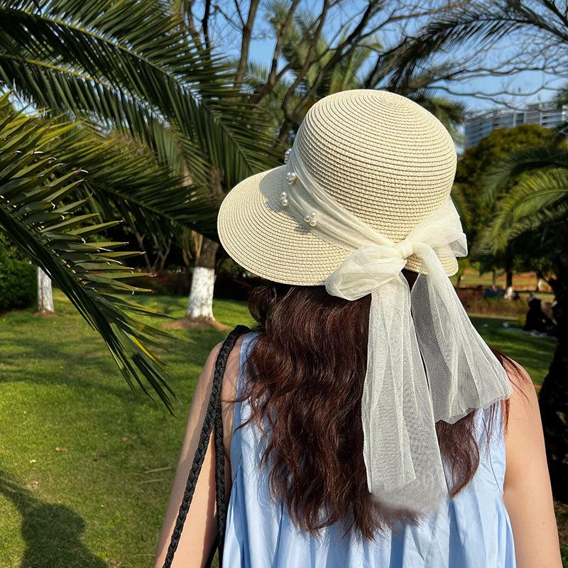 Versatile Hat Style Straw Woven Sweet Bow Pearlwomens Sunshade Hatscaps