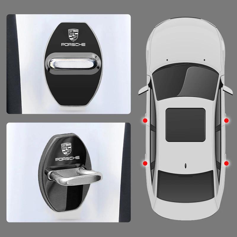 4PCS Car Emblems Door Lock Cover Protector Stickers Accessories For Porsche 911 718 Cayenne Cayman Panamera Macan Taycan Boxster