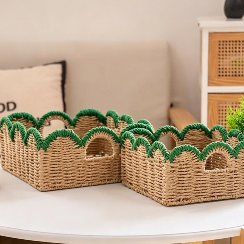 Juego de 2 Cestas de Cuerda de Papel Tejidas a Mano Contenedor de Almacenamiento Natural con Marco de Hierro para Sala de Estar Dormitorio