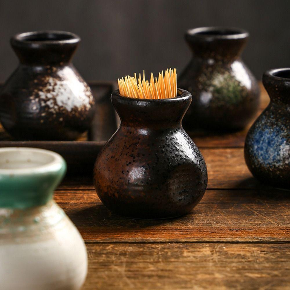 Japanese Style Ceramic Toothpick Holder Simple Mini Toothpick Dispenser Box Small Vases Decor Retro Cotton Swab Storage Jar