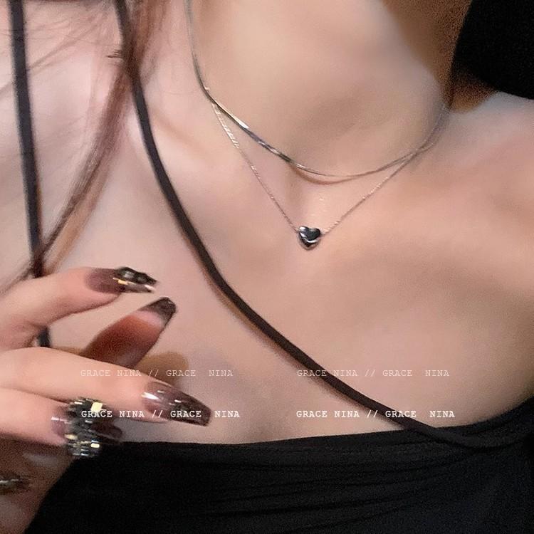Cold wind silver double-layer love necklace women's light luxury design stacked collarbone chain Spice girl with jewelry
