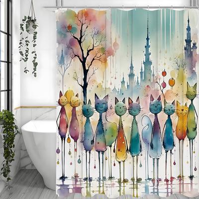 Cortină de Duș Pisoi Colorat Acuarelă, Cortină de Duș Decorativă pentru Baie, Cortină de Duș Impermeabilă cu Cârlige