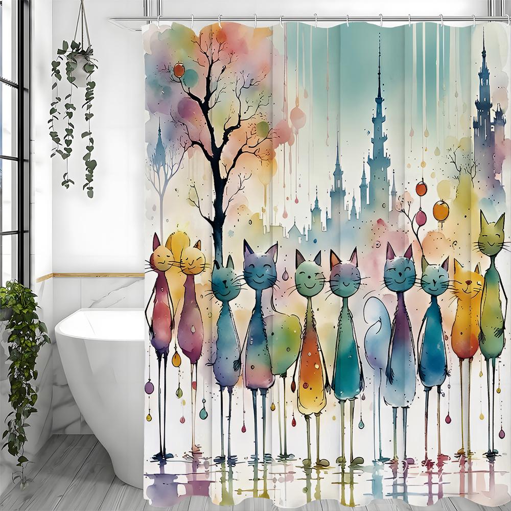 

Акварельная красочная шторка для душа с котенком, декоративная шторка для ванной комнаты, водонепроницаемая шторка для душа с крючками 150*180cm