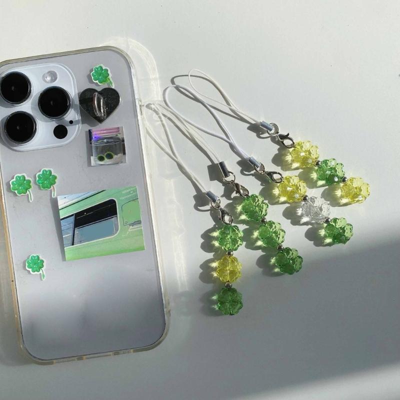 Handmade Beaded Phone Chain Crystal Four Leaf Clovers Cellphone Charm Colorful Keyring Pendant Bag Accessory for Bag Key