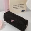 Black Women Portable Makeup Bag Large Capacity Pink Bow Quilting Cosmetic Pouch Ladies Travel Toiletry Storage Bag