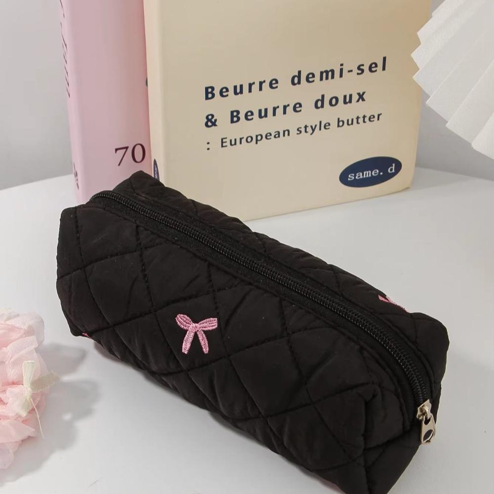 Black Women Portable Makeup Bag Large Capacity Pink Bow Quilting Cosmetic Pouch Ladies Travel Toiletry Storage Bag