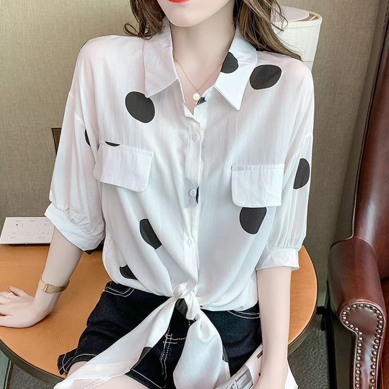 Small Fresh Polka Dot Shirt for Women Summer Korean Version Loose Short Sleeved Top with Lace Up Chiffon Shirt for Women