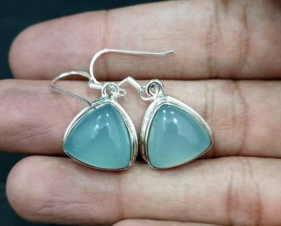 Aqua Chalcedoon Edelsteen Driehoek Oorbel, Handgemaakte Sieraden, Verjaardagscadeau, Valentijnssieraden, Vrouwen Oorbel, 925 Sterling Zilver